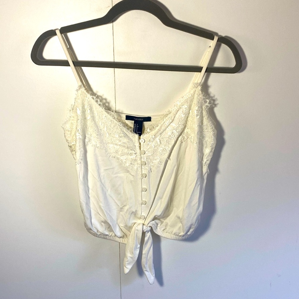 White/cream lace tank top with tire front and buttons